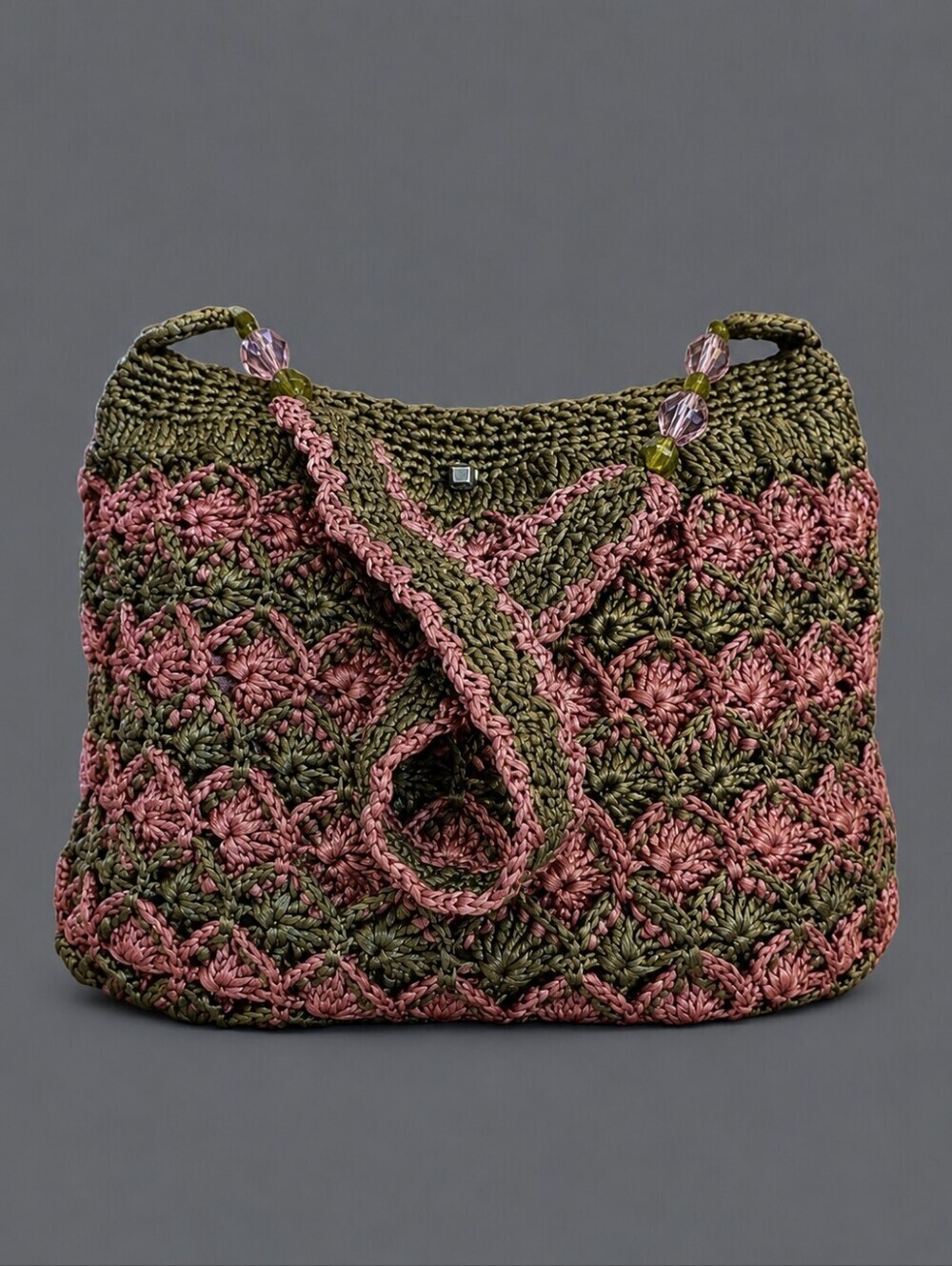 VTG Handmade Olive Pink Woven Crochet Raffia Shoulder Bag